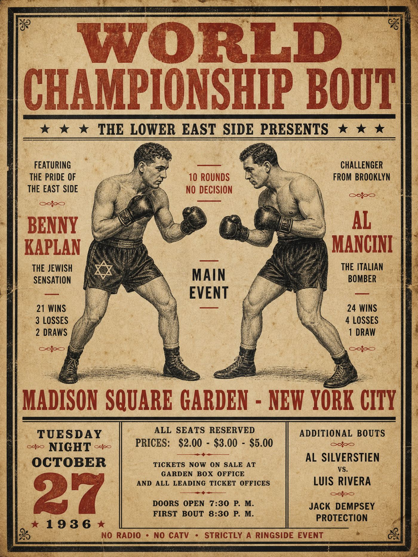 1936 World Championship Bout fight bill poster